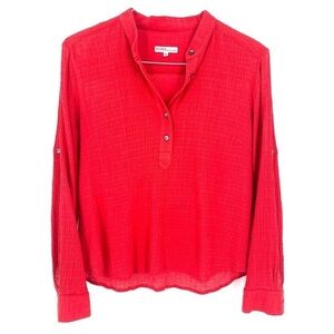 KORS Michael Kors MK Red Gauzy Roll Tab Long Sleeve Quarter Button Blouse Top